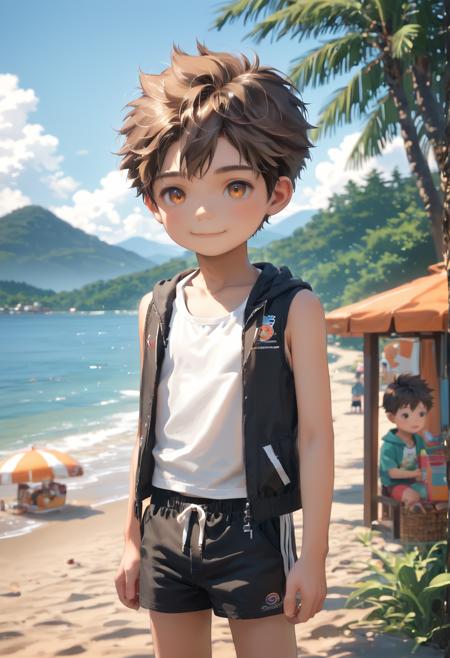 austintoshi, brown hair, orange eyes black shorts, white shirt, orange shoes, black socks