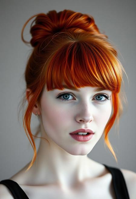 35 mm photo, a close-up professional  black & white portrait shot of 20 year old Christina Hendricks. her vibrant red hair is in color, her hair is up in an enormous single bun, swept bangs, pronounced lips, open mouth, freckles, beautiful face, cute face, confident, light makeup,