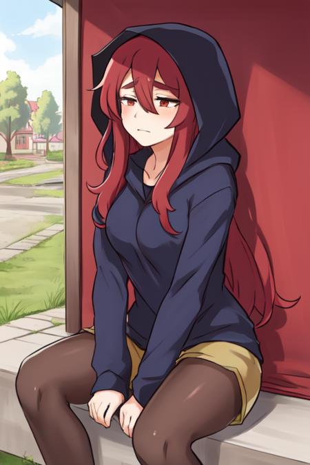 Nachiroux, red eyes, long red hair, half-closed eyes,  bored, solo,  sitting in shade, hot day, 
Colbert,long sleeves, black hoodie, hood up, shorts, pantyhose, brown shoes, 
fantasy, in town square,  morning,  
(insanely detailed, beautiful detailed face, masterpiece, best quality),
 <lora:Nachiroux:0.7>