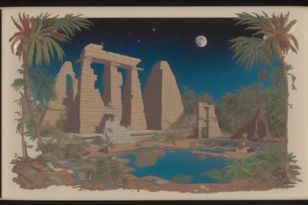 NuttallZouche  <lora:NuttallZouche:1> a ruined temple in the jungle, pool in the foreground, moon reflected in the water, astrophotograph