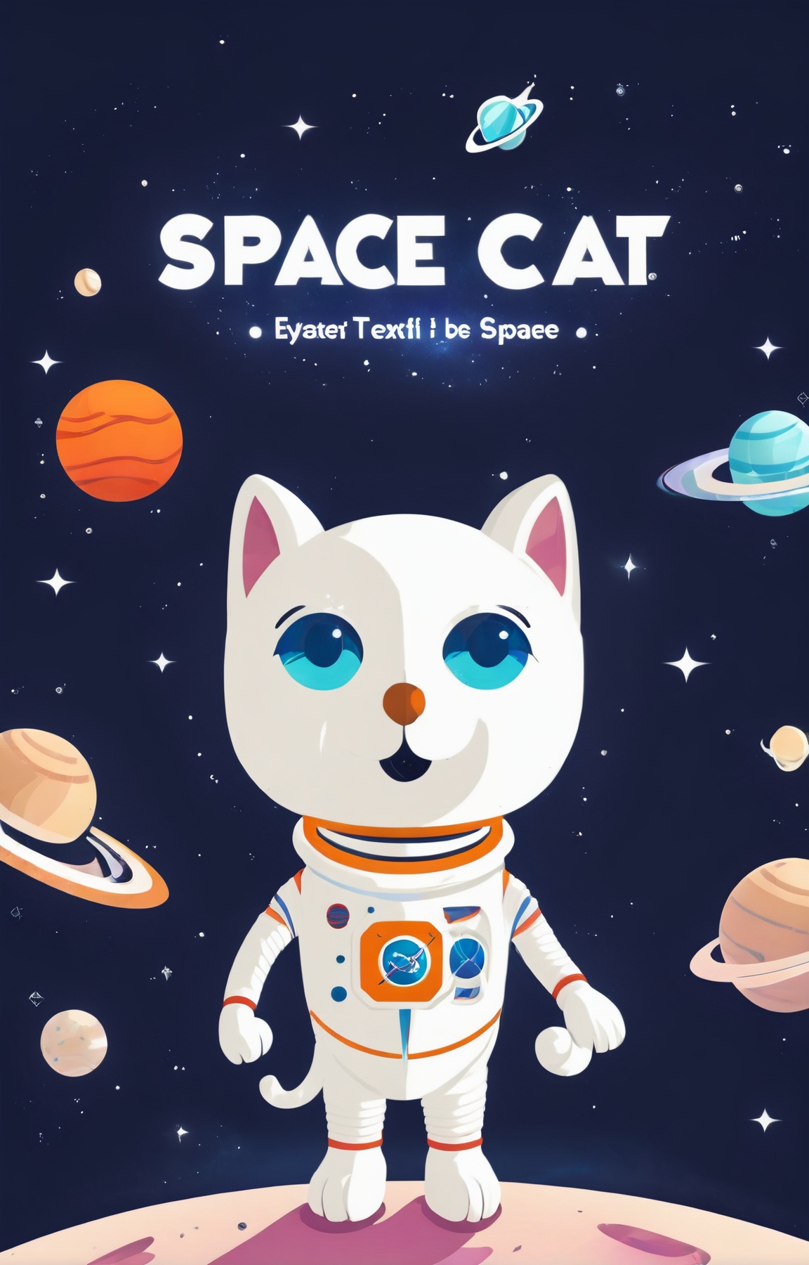 (cover text "SPACE CAT":5), A logo for a cat space-food company, a cute kawaii cat wearing a party hat, cats in space, hig...