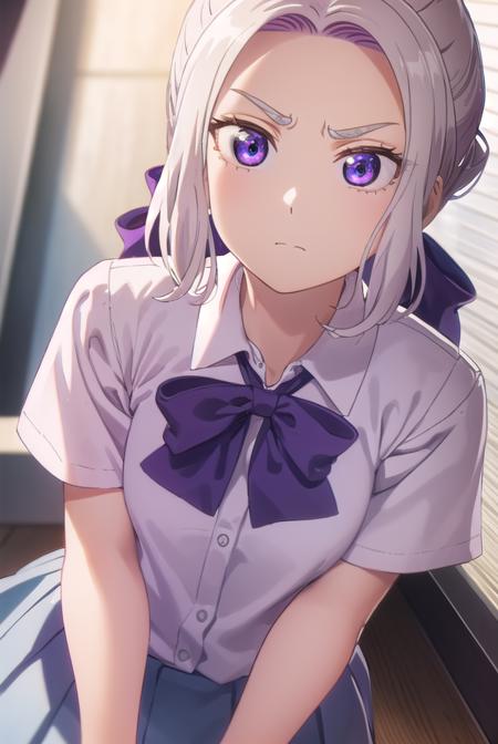 shinokiryuu, <lora:shino kiryuu s2-lora-nochekaiser:1>,
shino kiryuu, (purple eyes:1.1), white hair, hair bow, purple ribbon, frown, angry, (flat chest:1.2),
BREAK skirt, shirt, bow, school uniform, white shirt, short sleeves, pleated skirt, bowtie, blue skirt, 
BREAK indoors, classroom,
BREAK looking at viewer, (cowboy shot:1.5),
BREAK <lyco:GoodHands-beta2:1>, (masterpiece:1.2), best quality, high resolution, unity 8k wallpaper, (illustration:0.8), (beautiful detailed eyes:1.6), extremely detailed face, perfect lighting, extremely detailed CG, (perfect hands, perfect anatomy),