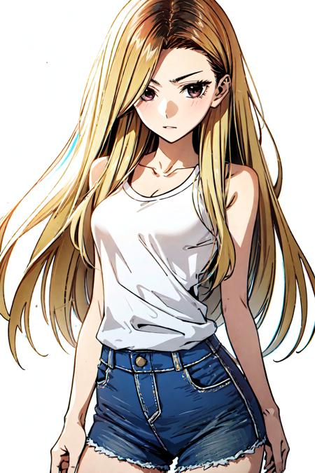 masterpiece, high quality cg, anime, illustration, best quality, 1girl, bound, bondage, beautiful face, detailed face, cowboy shot, Han Jia, 1girl, solo, long hair, blonde hair, simple background, shirt, white background, bare shoulders, brown eyes, collarbone, white shirt, short shorts, sleeveless, tank top, very small breast, bare legs, <lora:HanJia:.9>