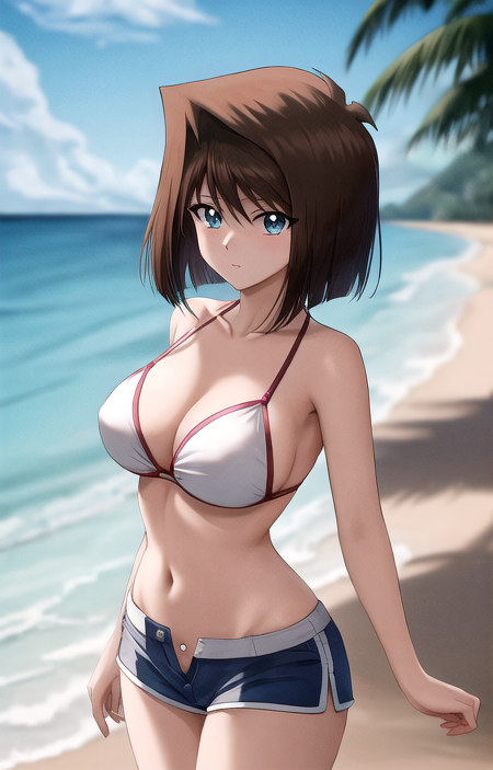 masterpiece, best quality,
anzu_yugioh, anzu_classic, mazaki anzu, white bikini top, white shorts, white boyshorts, (short shorts:1.21551), knotted shorts, short hair, large breasts, wide hips, beach setting, cowboy shot, front_view, finely detailed, beautiful, anime, yu-gi-oh! duel monsters, greatly detailed, 8k