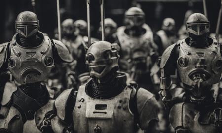 photo AscendentSoldiers style a close up of a robot holding a sword, 8k, cinematic, detail, grimdark