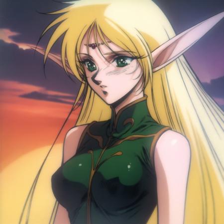 retro artstyle, 1990s \(style\), masterpiece, best quality, deedlit, 1girl, female elf, pointy ears, blonde hair, very long hair, green eyes, medium breasts, sleeveless, green dress, short dress, highly detailed, upper body, <lora:DeedlitLoRA2:0.9>