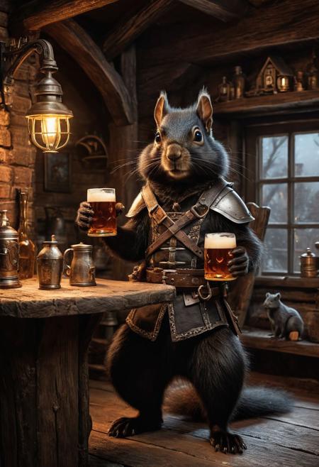 fantasy anthropomorphic a black-squirrel warrior in dark tavern holding a pint of ale in a cozy environment with gas lamps rustic wood warm brick fireplace and frosted glass windows