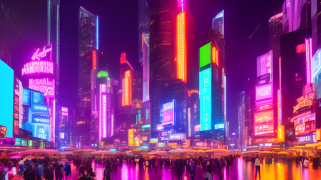 skyscrapers at night, view from the street, futuristic cars, rain, futuristic city centre, cyberpunk, neon lights in background, purple neon, orange neon lights, cyan neon lights, highly detailed