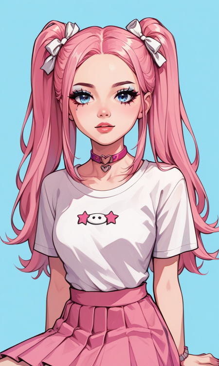 1girl, pink hair, long hair, twintails, blue eyes, makeup, pink choker, white T-shirt, short sleeves, pink skirt, white knee socks