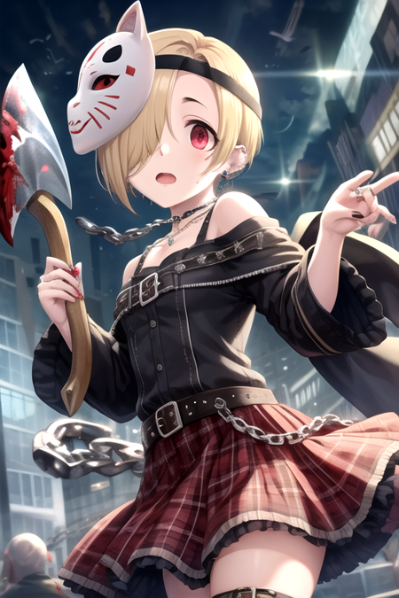 <lora:KoumeShirasaka-07:0.7>, shirasaka koume, 1girl, solo, looking at viewer, short hair, open mouth, skirt, blonde hair, red eyes, long sleeves, dress, holding, bare shoulders, jewelry, weapon, earrings, choker, belt, necklace, nail polish, holding weapon, hair over one eye, plaid, clothing cutout, blood, mask, chain, plaid skirt, piercing, ring, ear piercing, buckle, black belt, mask on head, axe, shoulder cutout, holding axe