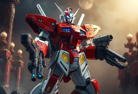 The image depicts a detailed Dark King of the Abyss robot, standing with a readiness posture, against an Altar of Restoration background. The robot, primarily red and white, features blue and yellow accents, giving a lively touch. The body is strikingly red with white and blue accents highlighting the features, while the head is a blend of red and white with a blue visor. Holding large and small guns, the robot's dynamic pose exudes a powerful message, ready for action. The image captures a compelling story, with exceptional 4K quality, vivid emotions, and beautiful detailed eyes. Trending on Artstation and 8k, the artwork is a front and backlit masterpiece.