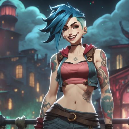 arcane style, 1girl, arm tattoo, asymmetrical bangs, bangs, blue hair, braid, brown shirt, cloud tattoo, looking at viewer, laughing, crazy, uncontrollable laugh, mad look, night, city, green hair, long hair, midriff, pink eyes, red lips, shirt, solo, standing, tattoo, twin braids, upper body, arcane jinx, jinx \(league of legends\) 