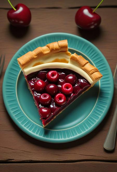 claymation, novuschroma51 style, Cherry pie slice on a plate, on a table. The claymation background has a whimsical, storybook-like charm, reminiscent of classic stop-motion animation. (masterpiece: 2), best quality, ultra highres, original, extremely detailed, perfect lighting)