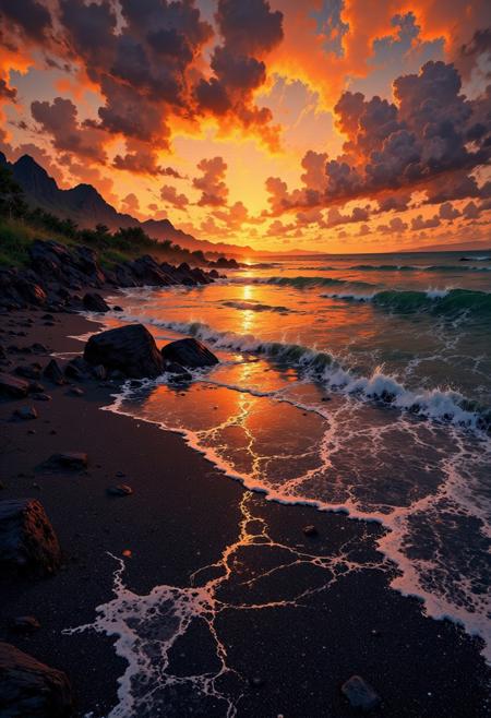 Tahiti Black Sand Beach – Sunset Glow & Volcanic Shoreline
"A dramatic tropical beach in Tahiti, where black volcanic sand glistens under the golden hour light. The sun casts a fiery glow on the distant mountains, while gentle waves reflect the warm hues of sunset. The contrast between the glowing sky and the dark, polished shoreline creates an otherworldly and mesmerizing coastal scene."