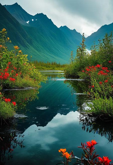 ()Hyoer Realistic:2.0)Polaroid picture of 
image of Eklutna Lake in Anchorage, Alaska, where the effects of climate change have transformed the lake into a lush, tropical paradise. 
(Focusing on the close up on the Beautiful Mature women, each with a voluptuous figure taking a selfie:2.75)
The once-frozen landscape is now teeming with vibrant, tropical plants and flowers, and the air is warm and humid.
In the background, the majestic Chugach Mountains from Chugach State Park rise up, their peaks still capped with snow, but now surrounded by a halo of tropical greenery. The lake's surface is calm and reflective, with a few sailboats and kayaks gliding across its surface.
Capture the surreal, futuristic atmosphere of this scene, where the harsh, subarctic environment of Anchorage has given way to a vibrant, tropical oasis.