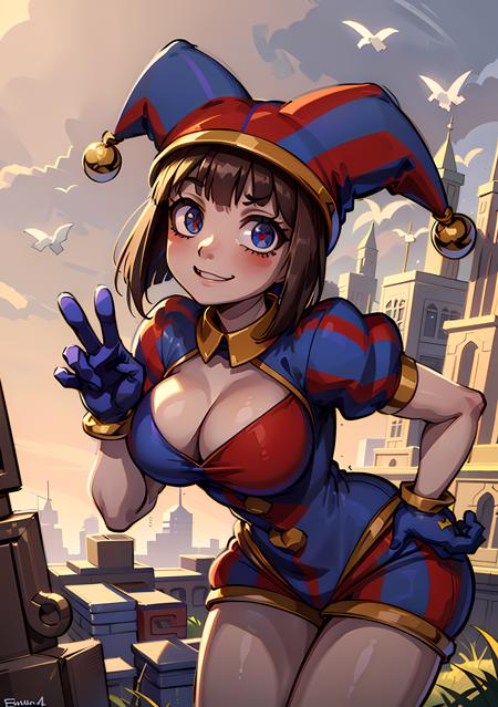 (Pomni leaning forward, hand on mouth, cute:1.2), (jester cap, gloves, puffy short sleeves, red eyes and blue eyes, striped ), large breasts  happy, smile, looking at viewer, cute, circus, from below, 
(detailed landscape:1),(dynamic pose:1.2),(dynamic angle:1), (cowboy shot:1.2),
(masterpiece:1.2), (best quality, highest quality), (ultra detailed), (8k, 4k, intricate) ,(ambient light:1.3), realistic, render, unity,
 <lora:Pomni_character:0.8>