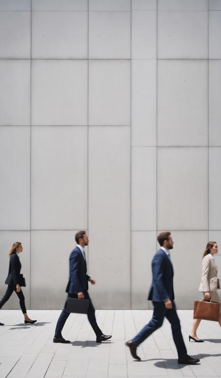 Motion blurred business people walking in front of a bright concrete wall., (sharp focus:1.2), extremely detailed, (photorealistic:1.4), (RAW image, 8k high resolution:1.2), RAW candid cinema, 16mm, color graded Portra 400 film, ultra realistic, subsurface scattering, ray tracing, (volumetric lighting), extreme contrast, intricate details, symmetry, perfect composition, parallel lines