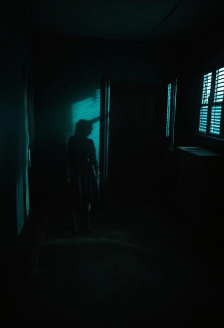 1girl, The room gradually transforming into a dark, twisted version of her reality, with shadows creeping closer, symbolizing her entrapment