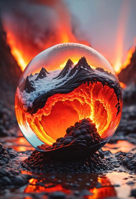 ultradetailed ultrarealistic, of a lava avalanche in a glass sphere, a perfect photography by Mark Mann and Ashraful Arefin ,muted wet colors, intricate artwork masterpiece <lora:hyperkraximalism_v1-1:0.25>