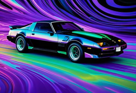 Surrealism. Close up. A dreamlike sports car (1985 Trans Am) (knight Rider KITT) with melting, multicoloured body parts and iridescent wheels, floating in mid-air amidst a swirling, purple-and-green background. Medium shot. Vibrant, expressionist brushstrokes. Gleaming, metallic sheen. Blurred, swirly motion trails behind the car. Dynamic, low-key lighting with deep shadows. Best quality, incredibly detailed, dreamlike, Salvatore Dali inspired, M.C. Escher, low-poly 3D, psychedelic patterns.