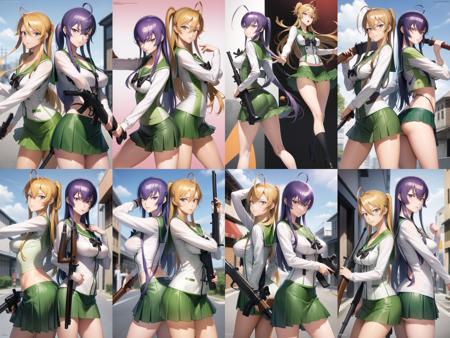 <lora:miyamoto_rei_v1.5:0.75> <lora:busujima_saeko_v1.0:0.75> 
miyamoto rei, busujima saeko, school uniform, 2girls, green skirt, katana, purple hair, blue eyes, pleated skirt, holding sword, rifle, street, orange hair,, masterpiece, best quality, highly detailed