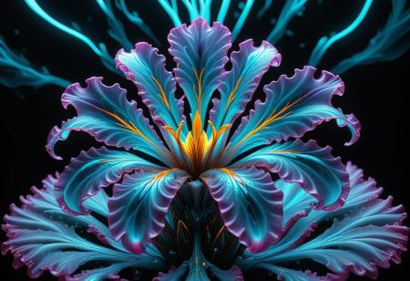 (masterpiece, best quality, Vibrantly sharp:1.3), (hyper-detailed, ultra-sharp, cinematic lighting:1.2), (bioluminescent cyber-iris:1.4), (otherworldly, surreal, neon-glow:1.3), (glass-like petals, translucent:1.2), (vivid cyan, electric blue, fiery magenta:1.4), (neon pink filaments, crackling with energy:1.3), (fractal-like lightning patterns:1.3), (prismatic reflections, luminescent droplets:1.2), (dark slender stem, glowing tendrils:1.3), (futuristic cyberpunk, botanical fantasy:1.4), (high contrast, infinite black void background:1.5), (hyperrealism, digital fractal art aesthetics:1.3), (cinematic, dynamic composition:1.2), (sharp focus, ultra HD, volumetric lighting:1.3), liquid marble, liquid texture