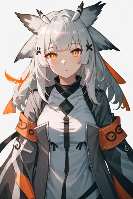 best quality, masterpiece, highres, solo, {ptilopsis_arknights:1.15}, bangs, owl_ears, long_hair, white_hair, orange_eyes, yellow_eyes, upper_body, grey_hair, closed_mouth, feather_hair