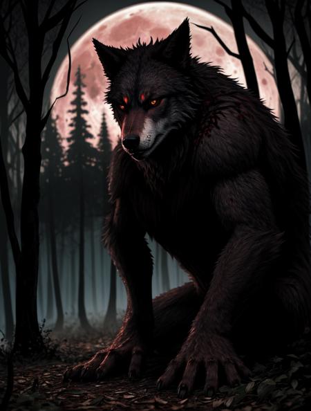 a bloody werewolf, crawling on the ground, full moon, dark forrest, scary, creepy, gore, (bokeh))