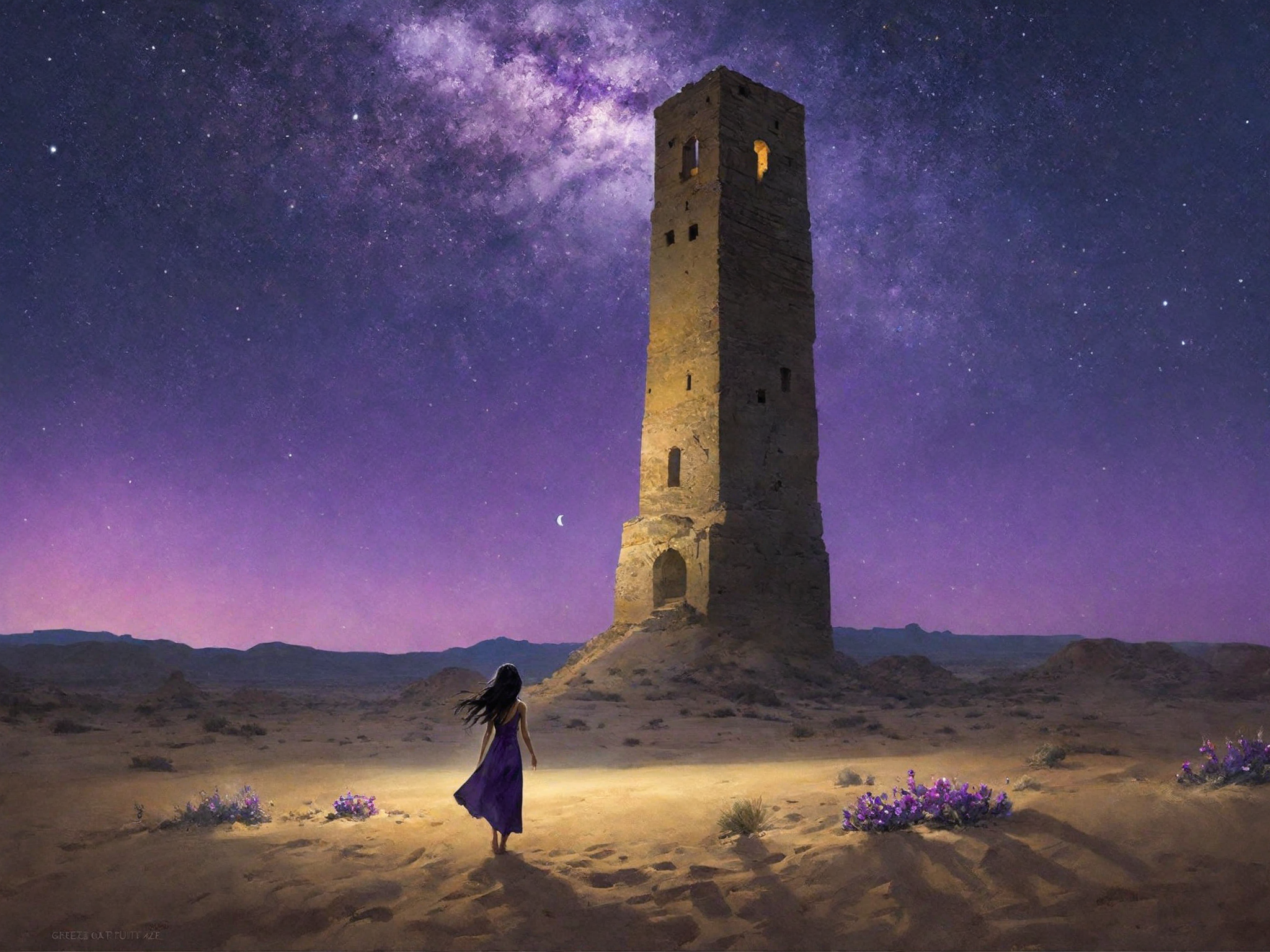by greg rutkowski, (masterpiece, best quality), flying ruins of an ancient tower, desert, outdoors, letterboxed, night, sk...