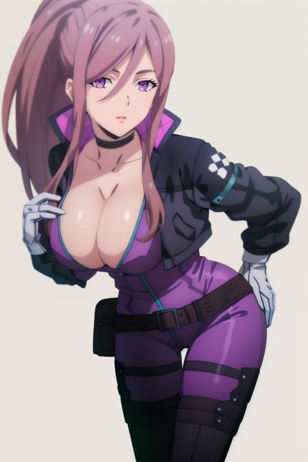 claudia_olis, 1girl, solo, brown hair, high ponytail, long hair, sidelocks, purple eyes, black choker, cropped jacket, open jacket, purple bodysuit, open bodysuit, collarbone, large breasts, black belt, belt pouch, two-tone gloves, thigh boots, standing, looking at viewer
BREAK
white background
<lora:claudia_synduality_v1:1>