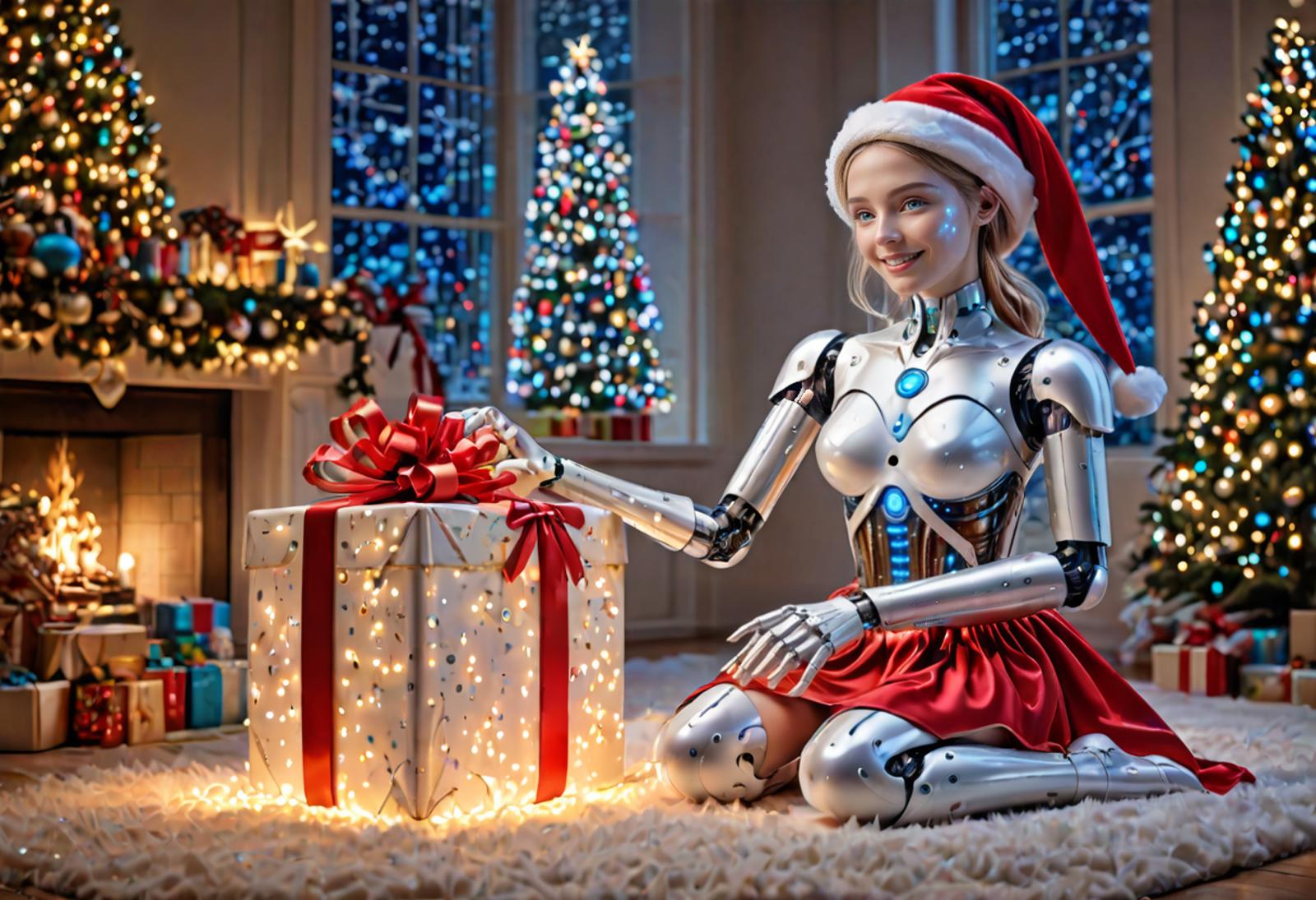 A Robot in a Santa Hat and Skirt Opening a Gift