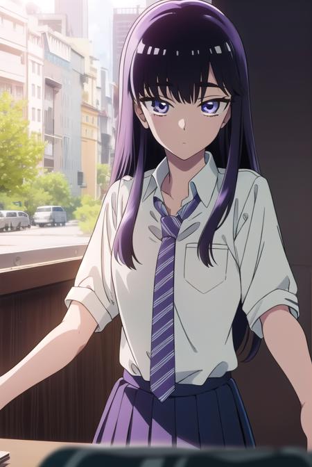 akiratachibana, <lyco:akiratachibana-lyco-nochekaiser:1>,
akira tachibana, long hair, bangs, black hair, (purple eyes:1.1),
BREAK skirt, shirt, school uniform, white shirt, pleated skirt, necktie, striped, collared shirt, blue skirt, striped necktie,
BREAK looking at viewer,
BREAK indoors, classroom,
BREAK <lora:GoodHands-vanilla:1>, (masterpiece:1.2), best quality, high resolution, unity 8k wallpaper, (illustration:0.8), (beautiful detailed eyes:1.6), extremely detailed face, perfect lighting, extremely detailed CG, (perfect hands, perfect anatomy),