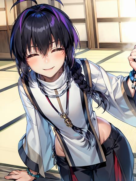 SaberTakeru SaberTakeru,sandals,bracelet,brown eyes,single braid, ponytail,black pants,short hair,pants,hair between eyes,japanese clothes,necklace,braid, ahoge,1boy,male focus,bangs,black hair,long hair,