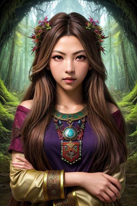 Picture, high quality, beautiful Koh_LilyMuniHe, a woman as an ancient mystic, smiling, cozy forest cave, natural, symbolism, elemental symbolic accesories, perfect eyes, sharp focus, raytracing, HDR