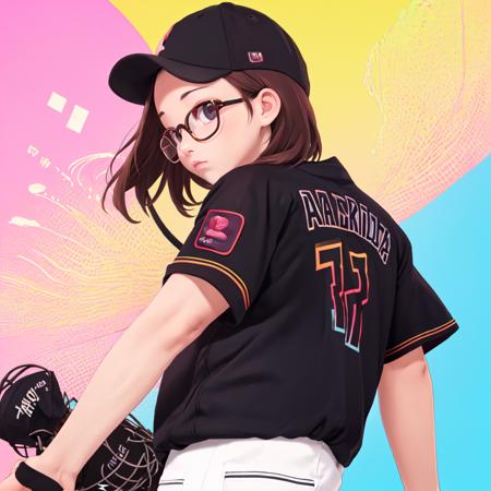 best quality, ultra-detailed, illustration,
1girl, glasses, solo, 
BSW2023, baseball uniform, black shirt, baseball cap, upper body, black headwear, facial hair, gradient background, gradient, short hair, short sleeves, from behind
 <lora:Chiba_Lotte_Marines_BSW2023_Uniform_SD15_V1:1>