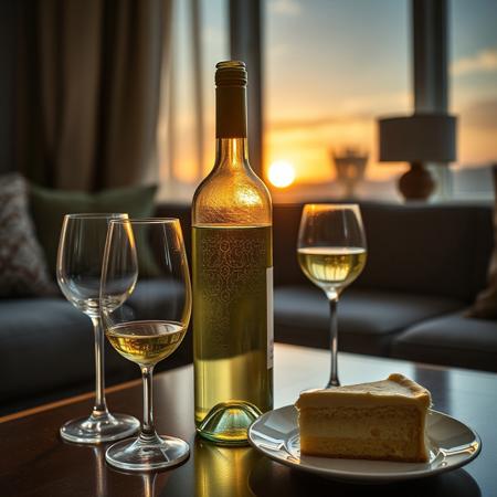 still life photo of a half empty bottle of white wine and three half-filled wine glasses on a living room side table, there is white wine around the bottom of both the glass and bottle.  sunset is visible through the window in the background
shallow focus, one side lighting, dramatic lighting, 
(( a small plate with vanilla cake near the white wine bottle)),