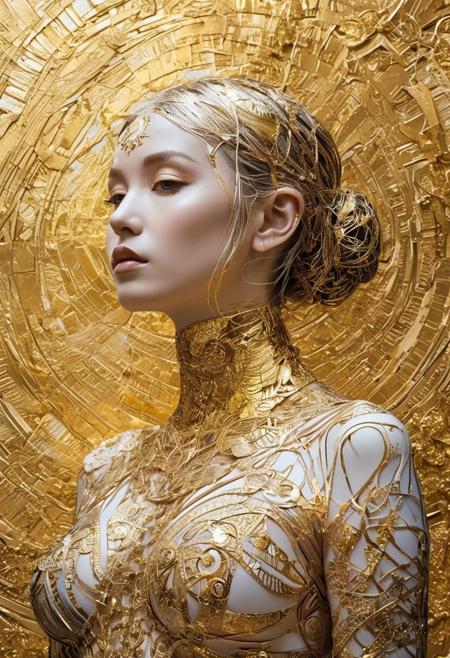 Realistic crazy gold sorceress, gold elemental, cracked earth, crater, silhouet style,  essence of gold, at Dawn, Bauhaus Art, (monochromatic art by Junji Ito, Carne Griffiths, High contrast, minimalistic), gold and white, dramatic, (silhouette weaved from splahes of gold, body of coins and gold), (clothed in gold, encased in gold),nudity, intricate details, (zentangle tattoo), scar, (((fractal art), (((abstract art))), (((psychedelic art))))), <lora:Disturbia:0.43> <lora:RMSDXL_Enhance:0.5>