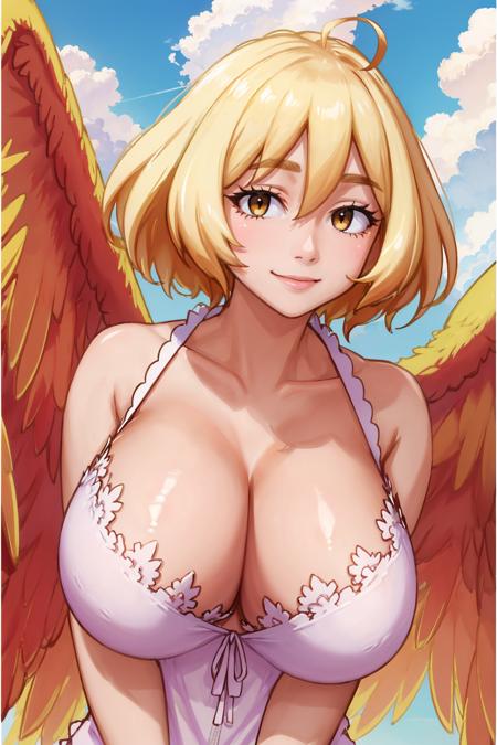 masterpiece, best quality, eldri, yellow wings, camisole, cleavage, huge breasts, upper body, looking at viewer, smile, clouds, sky, city <lora:eldri-nvwls-v1-000009:0.9>