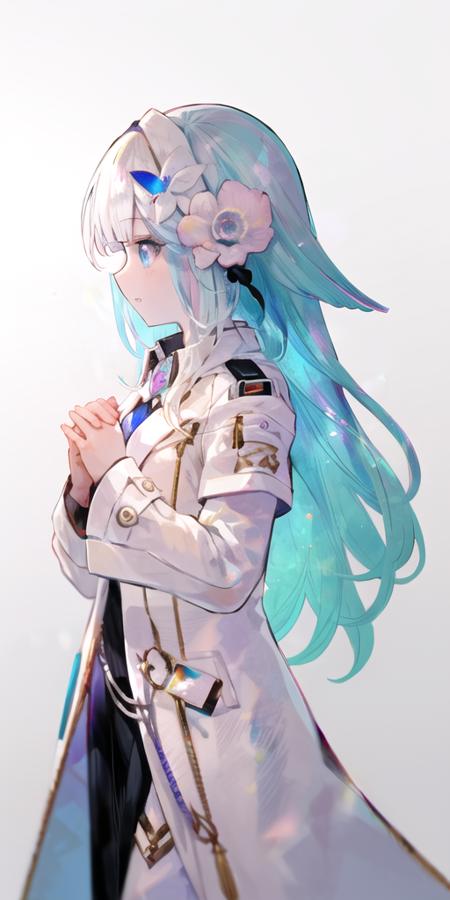 isekai joucho, 1girl, anemone (flower), asymmetrical sleeves, backlighting,blue eyes, blue hair, coat, diamond (gemstone), floating hair, flower, gem,hair ornament, hands on own chest, long hair, multicolored hair, own hands together, parted lips, profile, solo, two-tone hair, uneven sleeves, upper body, virtual youtuber, white hair, hair flower, crystal, long sleeves, from side, chromatic aberration, blonde hair, high collar, white background, bangs, hair over one eye, white coat, <lora:fuzi-loha-v2a:1>