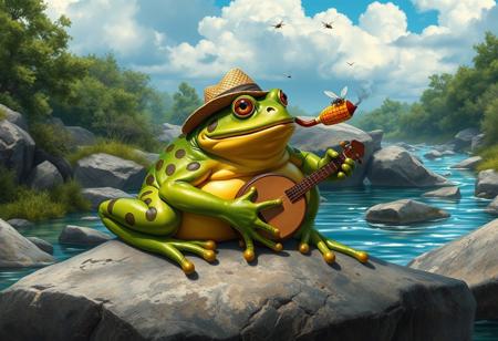 score_9, score_8_up, score_7_up, realistic, complex shadows, intricate details, high quality, hi res, best quality, beautiful, BREAK frog, animal, amphibian, green skin, yellow belly, dark green spots, brown stripes, yellow eyes, straw hat, corn cob pipe, frog hands, frog feet,
BREAK frog, resting on top of a rock, smoke coming from pipe, flies in air around frog, relaxing, frog watching the clouds, frog is playing the banjo, 
BREAK big rocks, river, clear water, trees, bushes, blue sky, clouds, vivid colours, high contrast,