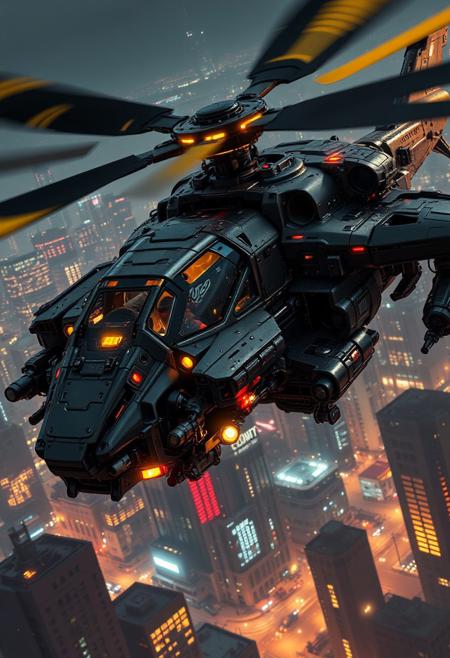 in the style of ck-mgs, A digital artwork in the style of cknc, a_skynet_cyberdyne_craft, the image is featuring a futuristic, highly advanced attack helicopter moving rapidly in the air above a cyberpunk city at night. The hull is made of a dark gunmetal alloy with rivets, bolts, glowing LEDs and diodes, and the helicopter has large guns mounted on the exterior; the cockpit shows glowing led lights, and has a large air intake, motion blur on the propellor blades (black with yellow highlights), two-man crew visible through the cockpit window