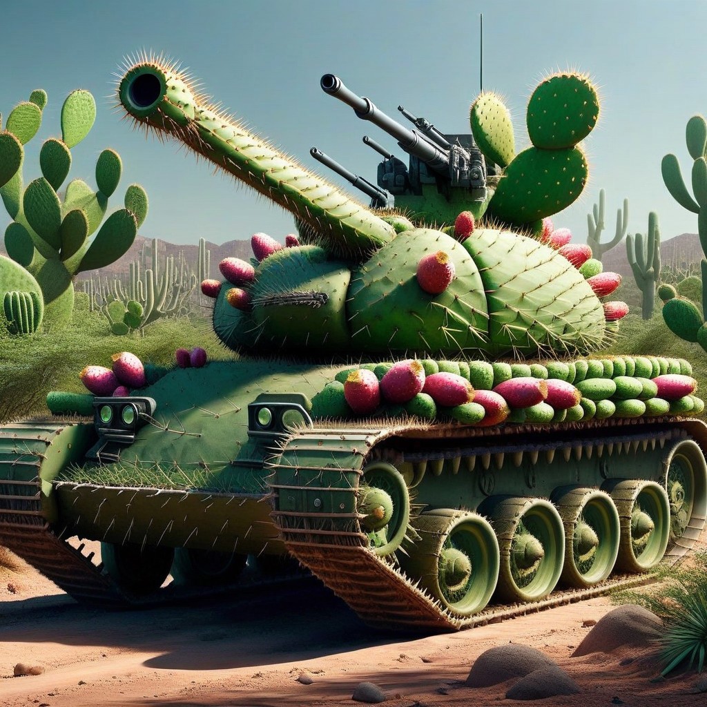 [tank]tank panzer wagon, gun barrel, driving through the jungle and desert, tech  <lora:Prickly Pear Style v1:1>, Prickly Pear Style,