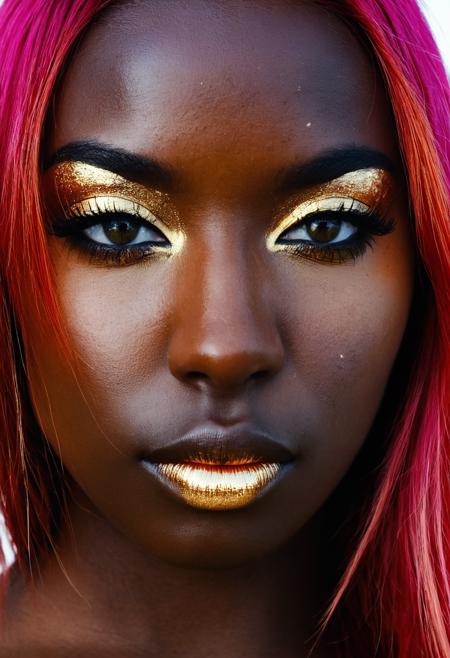 oiltnsxlrd 1girl realistic solo 24 year old, small breasts, Red straight hair, __people/nationalities/east-europe__ real world location, black skin, pink eyes, fair skinned, best quality, RAW photo, subject, 8k uhd, high quality, photorealistic, gilded, Low-angle shot <lora:oiltnsXLrd:0.7>