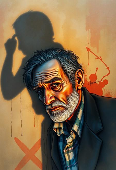 A weary man’s shadow on the wall
, photographer, portrait
, fantasy, magic, watercolor, ink, acrylic,   emotional turmoil, character expression, digital art, chalk drawings, colorful designs, nostalgic atmospheres