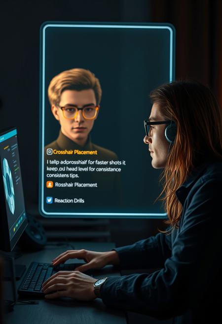 “Create a 16:9 cinematic scene where a player sits at a desk, immersed in a game, the room dimly lit by the screen. On the screen, a male AI operator with long brown hair and fancy reading glasses (sleek, futuristic frame) appears as a semi-transparent hologram. The operator’s appearance is intellectual and sophisticated, his glasses reflecting the screen’s light.
The player asks the operator for tips on improving aim and reaction time. The AI operator calmly advises on crosshair placement, suggesting the player keep it at head level for faster shots. He also recommends reaction drills and emphasizes consistency in practice. Floating icons or text highlight key points like ‘Crosshair Placement’ and ‘Reaction Drills.’
The scene shifts between close-ups of the player’s focused expression and the operator’s glowing form. His glasses subtly reflect the light, adding a polished, high-tech touch. As the operator shares advice, his calm, confident tone encourages the player. The player nods, ready to apply the tips and feeling more confident in their skills.”