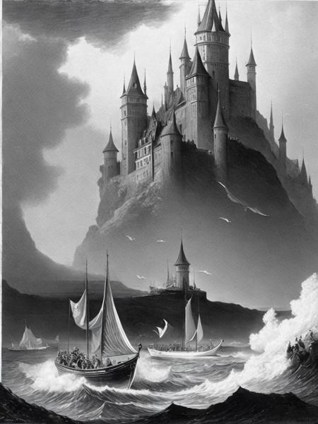 <lora:GustaveDor:1>a black and white painting of people in a boat in the ocean with a castle in the background by Gustave Dor