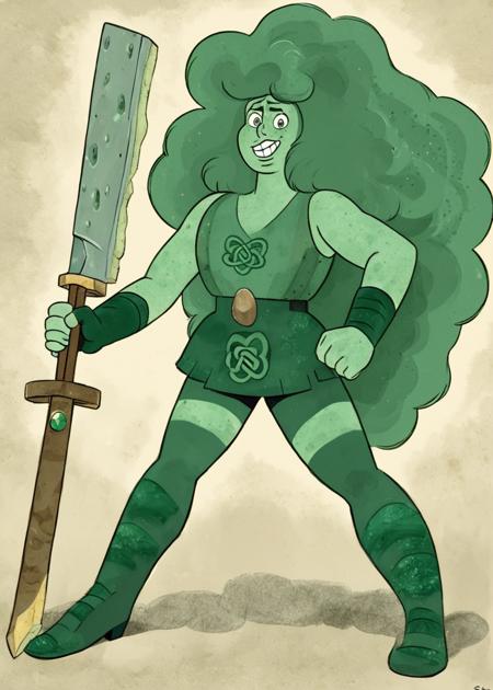 Green Aventurine, a large woman of luck holding her weapon of choice, a (clover:0.9) cleaver, speckled, level-headed, a strong leader, very tall and imposing, gentle, puffy hair, happy, tall, steven universe, green, enthusiastic, back gem, bringing good luck and prosperity, cuddly, single, scottish, stone of opportunity, large eyes, rounded face, celtic irish
<lora:gem2asd-000050:1>