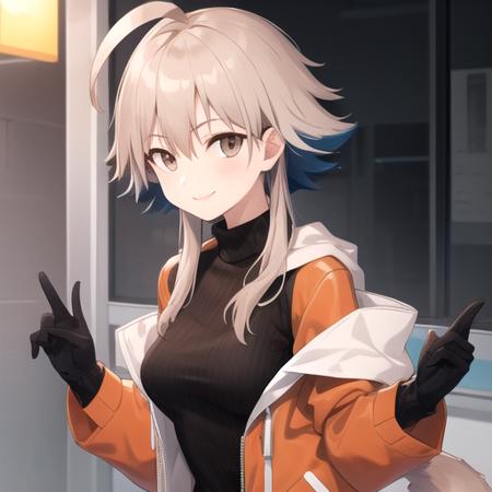 ((masterpiece)),(best quality),official art,extremely detailed CG,unity 8k wallpaper,ultra detailed,1girl,solo,upper body,(portrait:1.2),black_gloves,orange_footwear,tail,orange_jacket,ribbed_sweater,open_jacket,smile,black_pantyhose,black_sweater,sidelocks,sneakers,boots,bangs,brown_eyes,breasts,grey_eyes,long_sleeves,looking_at_viewer,ahoge,turtleneck_sweater,short_hair_with_long_locks,<lora:Mayer(ark)>,