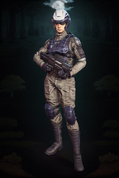 (8k, best quality,high quality clothes, masterpiece:1.2,hhgh precision skin,,rich facial texture),nc,a man in a uniform holding a rifle and wearing a helmet and holding a gun in his hand and a helmet on his head,a computer generated image of a dark forest at night with a full moon in the background and trees on the ground <lora:PS2lrm:0.75>