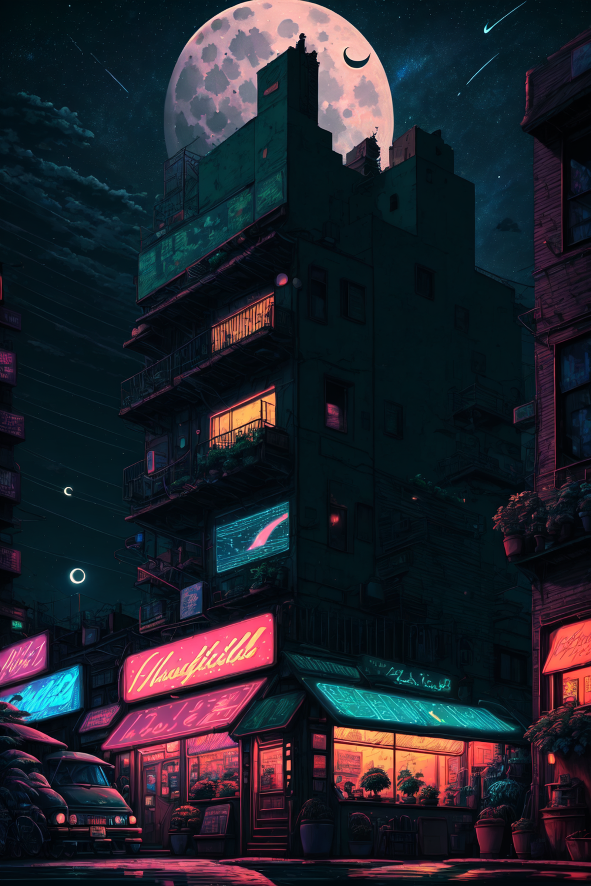 Artistic Illustration of a Bustling Cityscape at Night